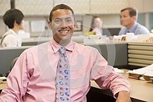 Businessman in cubicle smiling