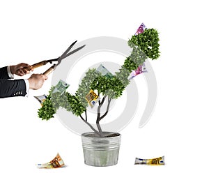 Businessman that cuts and adjusts money tree shaped like an arrow stats. Concept of startup company . 3D Rendering