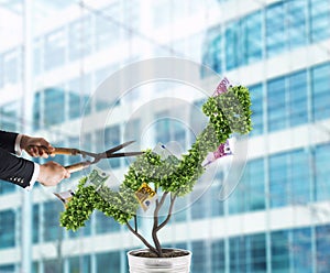 Businessman that cuts and adjusts money tree shaped like an arrow stats. Concept of startup company . 3D Rendering