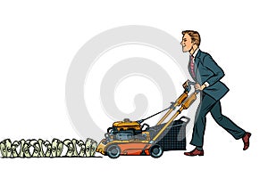 Businessman cuts money like a lawnmower man. Isolate on white ba