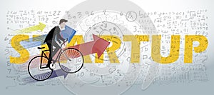 Businessman Cycling to success - creative illustration of business startup word lettering typography with business plan data text