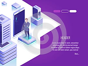 Businessman in data center room.Concept of hosting server and computer database.Isometric style