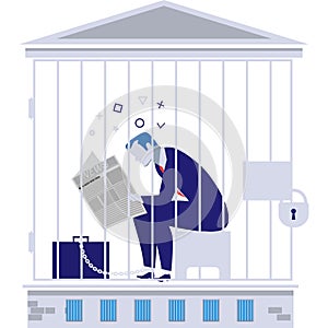 Businessman debtor in prison vector flat icon photo