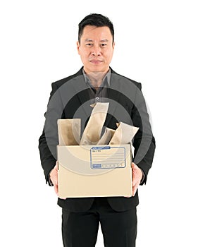 Businessman delivery service, mail, logistics and shipping concept - isolated on white background