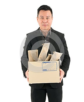 Businessman delivery service, mail, logistics and shipping concept - isolated on white background