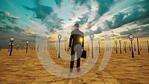 Businessman in desert surrounded by timelapse clocks against sunset, loop