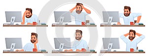 Businessman at desktop. Tired and successful worker. Deadline. The employee is angry. Different emotions of a man working