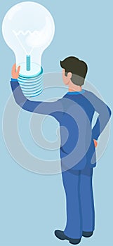 Businessman developing new idea. Business startup. Burning light bulb as symbol of new project