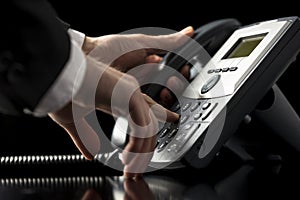 Businessman dialling out on a telephone call photo
