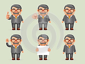 Businessman Different Actions Man Mustache Geek Hipster 3d Realistic Cartoon Character Design Vector