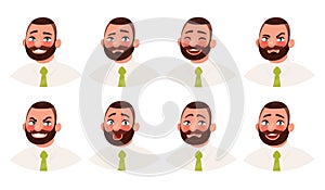 Businessman with different emotions. A bearded man office worker emoji. Vector illustration