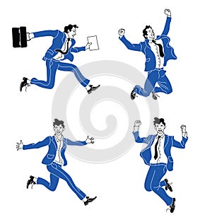 Businessman in different emotions and expressions. Businessperson in casual office look blue suit.various poses jumping people cha