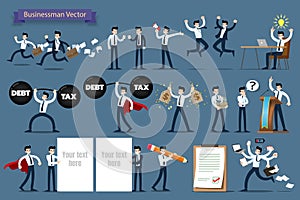 Businessman with different poses, working and presenting process gestures, actions and poses character design set.
