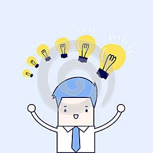 Businessman with different size of idea bulbs. Cartoon character thin line style.