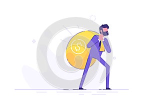 A businessman with difficulty is carrying on his back a huge bag of money with a dollar sign. Modern character. Flat vector