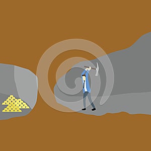 Businessman dig with shovel to get gold in adjacent tunnel in cross section view of underground mine.