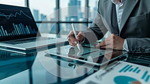 The businessman with digital device.AI generated image