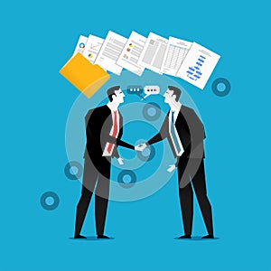 Businessman do handshaking with document contract illustration. Business partnership, agreement or dealing