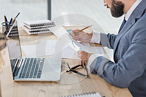 Businessman doing paperwork at workplace in office