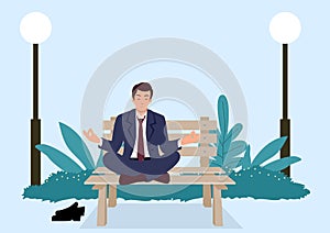 Businessman doing yoga on a bench at the park
