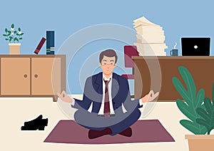 Businessman doing yoga in office