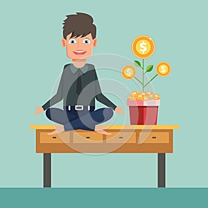 Businessman doing yoga on office table with money tree. Flat vector illustration