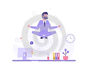 Businessman doing yoga to calm down the stressful emotion from hard work in office over desk with office process icons on