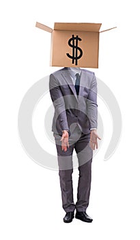 The businessman with dollar box on his head
