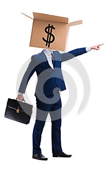 The businessman with dollar box on his head