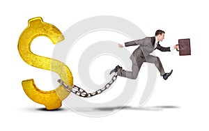 Businessman with dollar jumping over gap on white