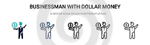 Businessman with dollar money sign icon in filled, thin line, outline and stroke style. Vector illustration of two colored and