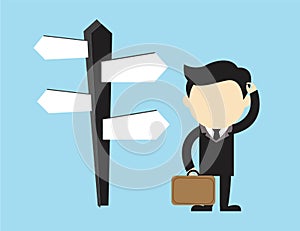 Businessman doubting which direction is the best. Vector photo