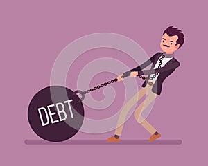 Businessman dragging a weight Debt on chain