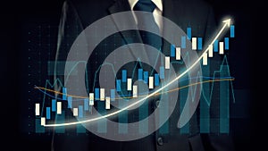 Businessman draw finance allusive graph chart showing business profit growth