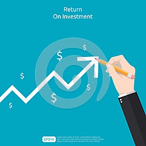 Businessman draw simple graph with descending curve. Hand draws growing arrow symbol. Business investment and development to