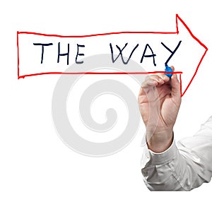 Businessman drawing arrow the way on white background.