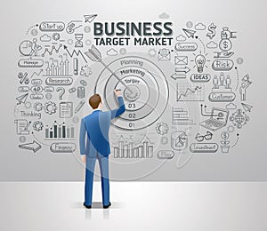 Businessman drawing business idea target market on wall. Graphic doodles vector illustration