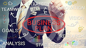 Businessman drawing business plan concepts