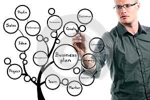 Businessman drawing conceptual business plan tree