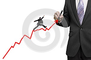 Businessman drawing growth red arrow and another jumping on it,