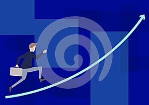 Businessman Drawing Running Upward Holding Briefcase With Arrow Pointing Up. Gentleman Design Sprinting Forward Holds