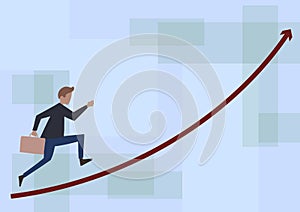 Businessman Drawing Running Upward Holding Briefcase With Arrow Pointing Up. Gentleman Design Sprinting Forward Holds