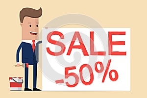 Businessman is drawing `Sale 50% `, he is inviting to big sale, discounts, low prices. Vector illustration