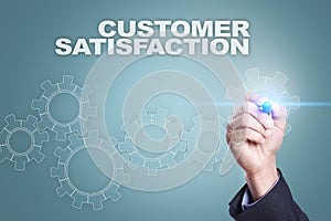 Businessman drawing on virtual screen. customer satisfaction concept
