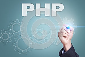 Businessman drawing on virtual screen. php concept