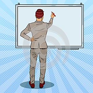 Businessman Drawing on the Whiteboard. Business Presentation. Pop Art illustration