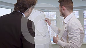 Businessman draws on the flip chart