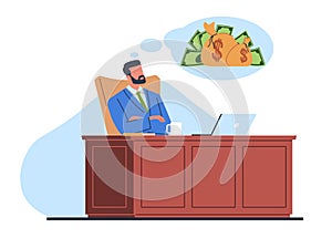 Businessman dreams of big money. Male manager or boss sitting at desk with laptop, dreaming about financial growth