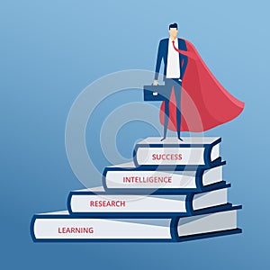 Businessman dressed as a superhero stand on top of books stair. Stair step to success. staircase to success.
