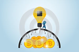 Businessman drilling barrier with lightbulb drill and chip processor to find bitcoins, idea and business concept